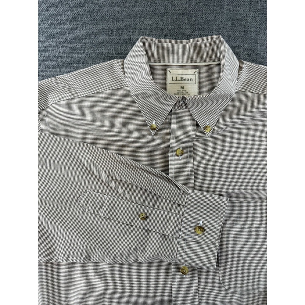 L.L.Bean Button Down Shirt Men's M Brown Houndstooth Cotton Tall Long Sleeve